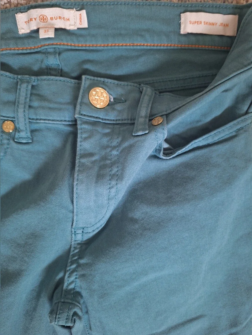 Tory Burch Super Skinny Ivy Jeans Teal Blue Green Stretchy Size 27